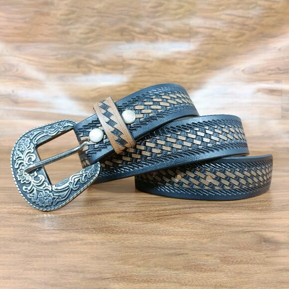 Western Leather Belt | Beautiful Hand-Tooled Basketweave Belt, Gift for Unisex - Picture 3 of 12